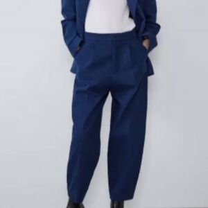 Zara High Rise Slouchy Pleated Denim Trouser Pants Navy Blue Womens‎ Size 14 NWT